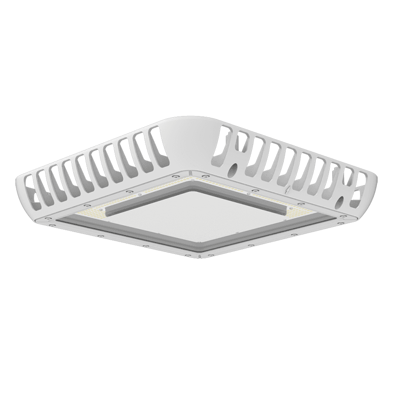 AEH6 LED Gas Station Canopy Light Rear Isometric View on White Background Showing Square White Aluminum Housing with Dense Perimeter Vertical Louvered Heat Sink Fins Center Five-Point Mounting Plate and Top Cable Entry Screw for Ceiling Suspension
