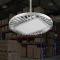 Industrial UFO LED high bay light with white aluminum housing, dimmable, suitable for warehouse ceiling installation, SKU: FLP1