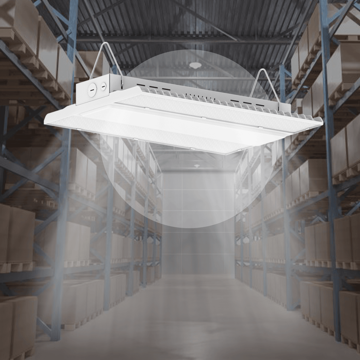 AEH1 LED Linear High Bay Light 100W-300W Upgradeable Smart Control Installed in Industrial Warehouse Showing 360-Degree Microwave Sensor Detection Range with Steel Wire Rope Suspension