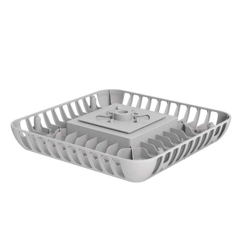 AEH6 LED Gas Station Canopy Light Front Isometric View on White Background Showing Square White Aluminum Frame with Perimeter Louvered Heat Sink Fins Central Frosted PC Diffuser Light Panel and Perimeter Screw Fixings for Canopy Ceiling Lighting