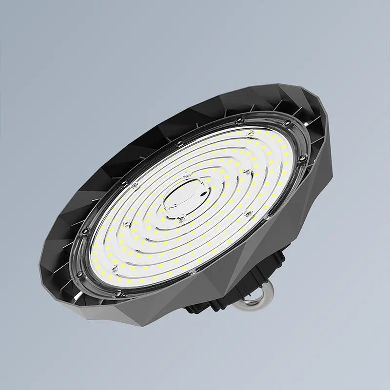 GF3 UFO LED High Bay Light Bottom View Showing High-Density SMD LED Array with PC Lens Cover and Diamond-Cut Aluminum Frame for Commercial Lighting