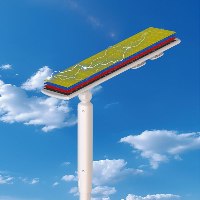 Solar Street Light multi-layer solar panel structure diagram showing BMS cell layers on blue sky background