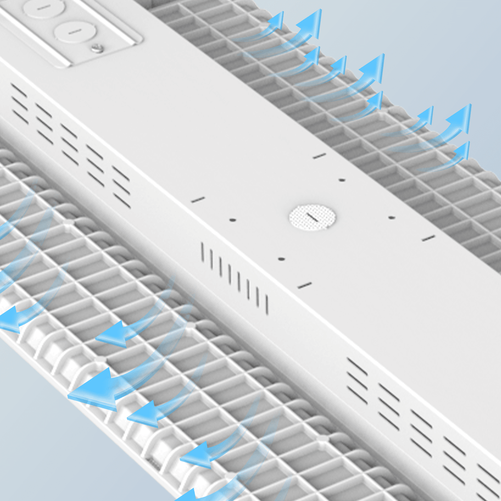 AEH1 LED Linear High Bay Light Back View Close-Up Showing Grid-Pattern Aluminum Heat Sink Fins with Blue Airflow Arrows and Central Microwave Sensor Port for Efficient Thermal Dissipation