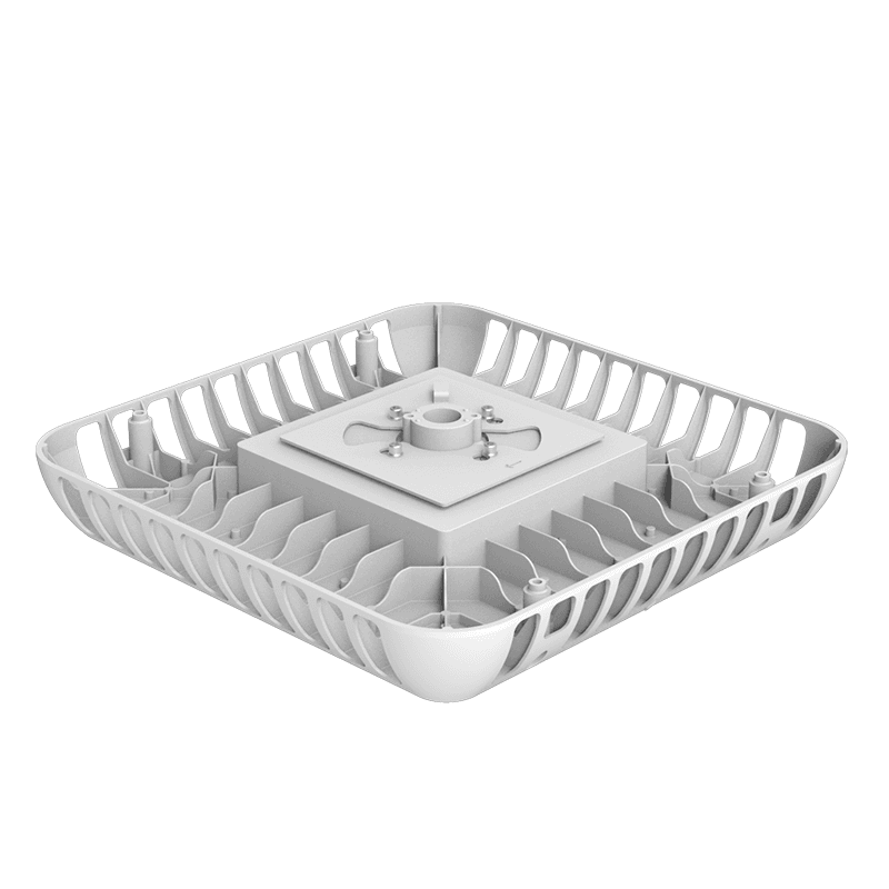 AEH6 LED Gas Station Canopy Light Side Profile View on White Background Showing Low-Profile Rectangular White Aluminum Body with Top Frosted PC Diffuser Central Driver Housing and Perimeter Vertical Louvered Heat Sink Fins for Canopy Ceiling Mount

