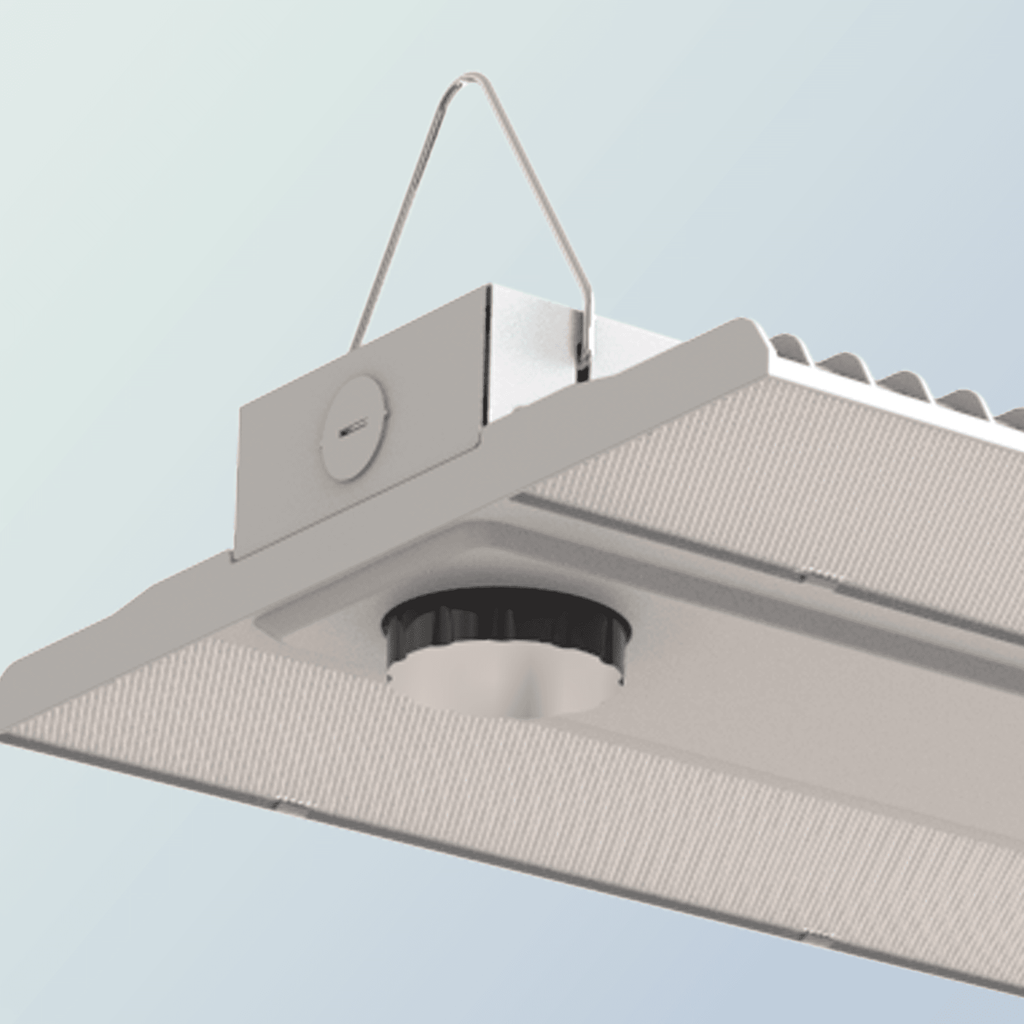 AEH1 LED Linear High Bay Light Top Corner Detail Showing Steel Wire Rope Suspension Bracket and Upgradeable Black Round Smart Control Sensor Port for Motion or Dimming Module