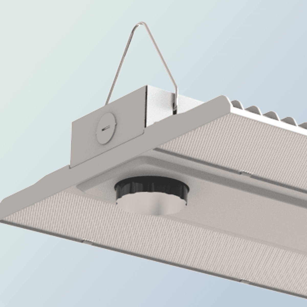 AEH1 LED Linear High Bay Light Top Corner Detail Showing Steel Wire Rope Suspension Bracket and Upgradeable Black Round Smart Control Sensor Port for Motion or Dimming Module