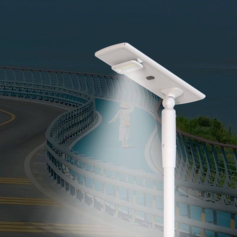 Residential Solar Street Light soft radar dimming beam illustration installed on pole at sidewalk night scene
