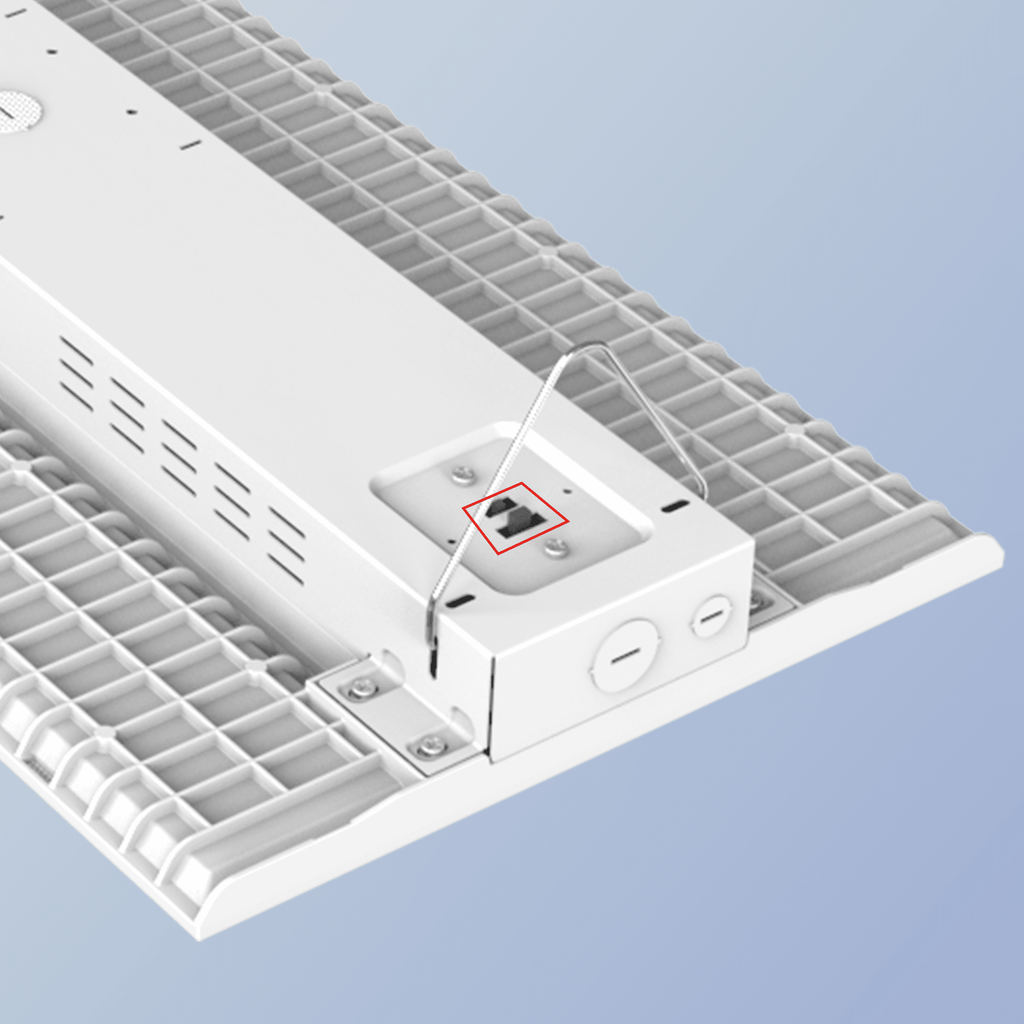 AEH1 LED Linear High Bay Light Rear Isometric View Showing Grid Aluminum Heat Sink with Highlighted Quick-Connect Smart Control Interface Port and Steel Wire Rope Suspension Hardware