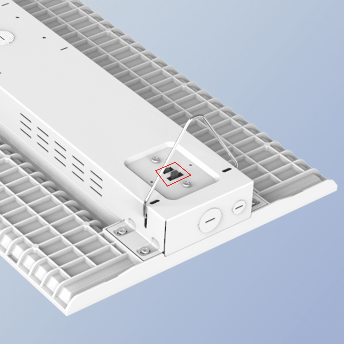 AEH1 LED Linear High Bay Light Rear Isometric View Showing Grid Aluminum Heat Sink with Highlighted Quick-Connect Smart Control Interface Port and Steel Wire Rope Suspension Hardware
