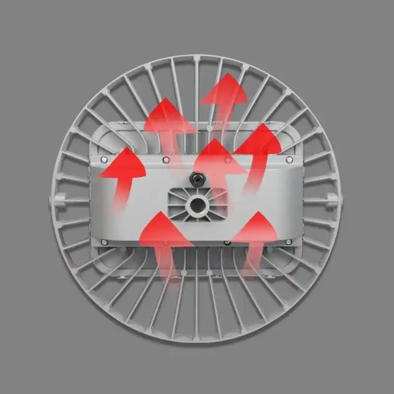 Back view of UFO LED high bay light showing heat dissipation design with red arrows indicating airflow, SKU: FLP1
