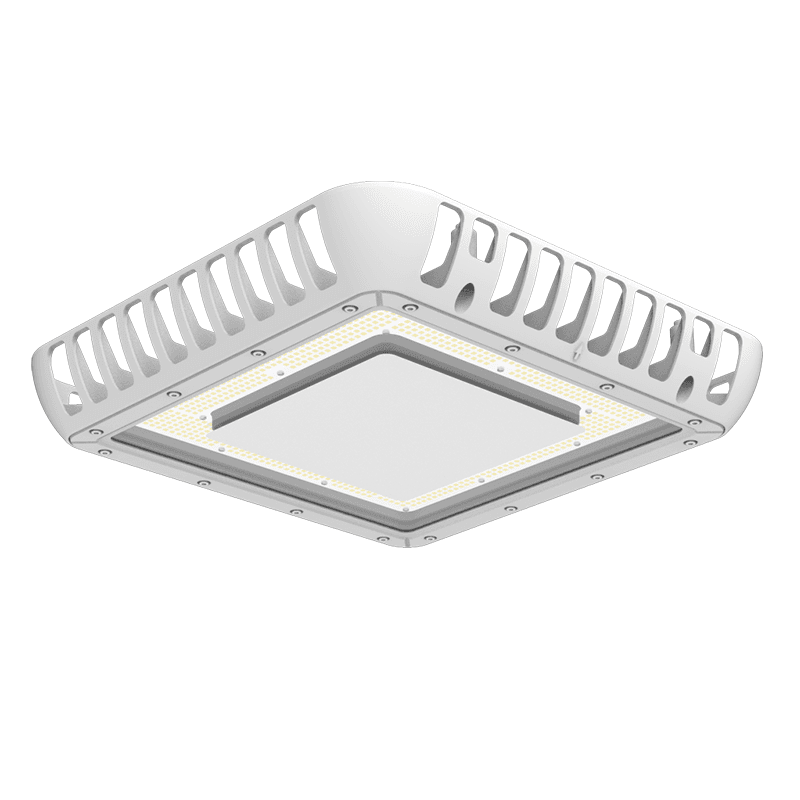 AEH6 LED Gas Station Canopy Light Exploded Assembly Diagram on White Background Showing All Layers Including Ceiling Mount Bracket Mounting Base Plate Perimeter Louvered Heat Sink Shell Gasket LED Module Board Waterproof Seal Frame Frosted Diffuser Panel and Bottom Screw Array
