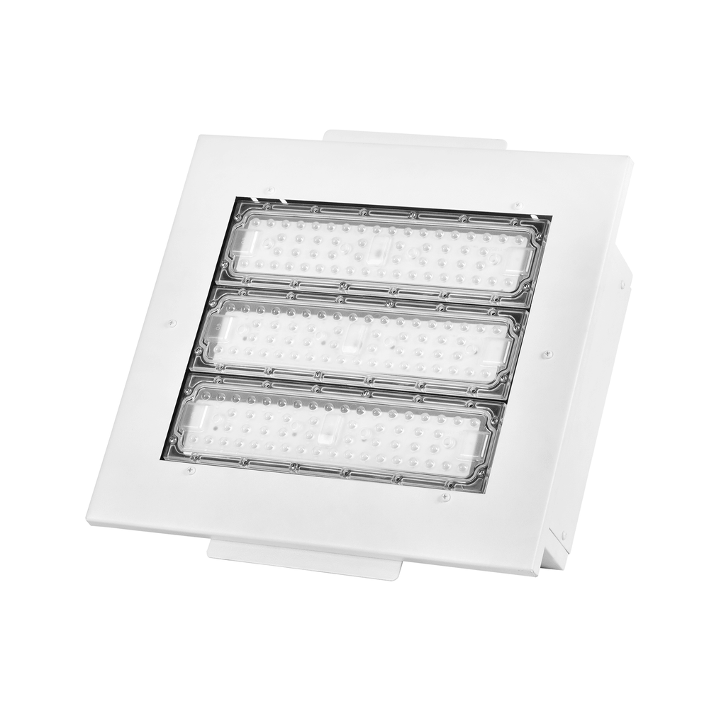 LQ1 LED Gas Station Canopy Light Three-Module Version Front Isometric View on White Background Showing Square Recessed White Aluminum Frame with Three-Row Ball Lens SMD LED Array and Four-Corner Mounting Flanges for Canopy Ceiling Flush Mount