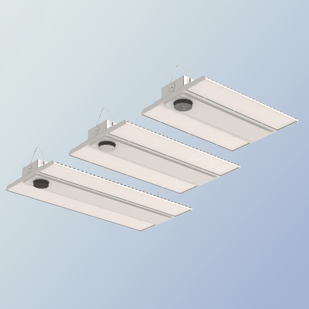 AEH1 LED Linear High Bay Light Three-Size Comparison Isometric View Showing 100W 200W and 300W Variants with Flat PC Diffuser Panel Upgradeable Sensor Port and Steel Suspension for Warehouse Lighting