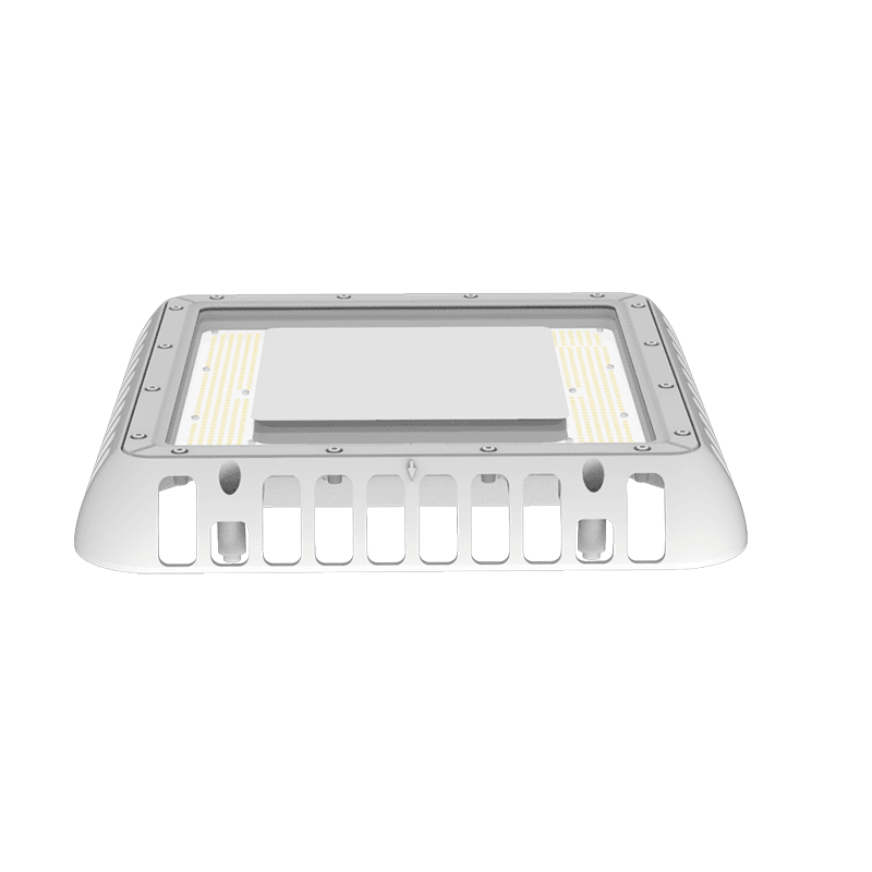 AEH6 LED Gas Station Canopy Light Front Isometric View with Top Pendant Driver Box on White Background Showing Square White Aluminum Frame Perimeter Louvered Heat Sink Fins Frosted PC Diffuser Panel and Top Square Waterproof Driver Enclosure with Dual Cable Entry Ports for Suspended Ceiling Lighting
