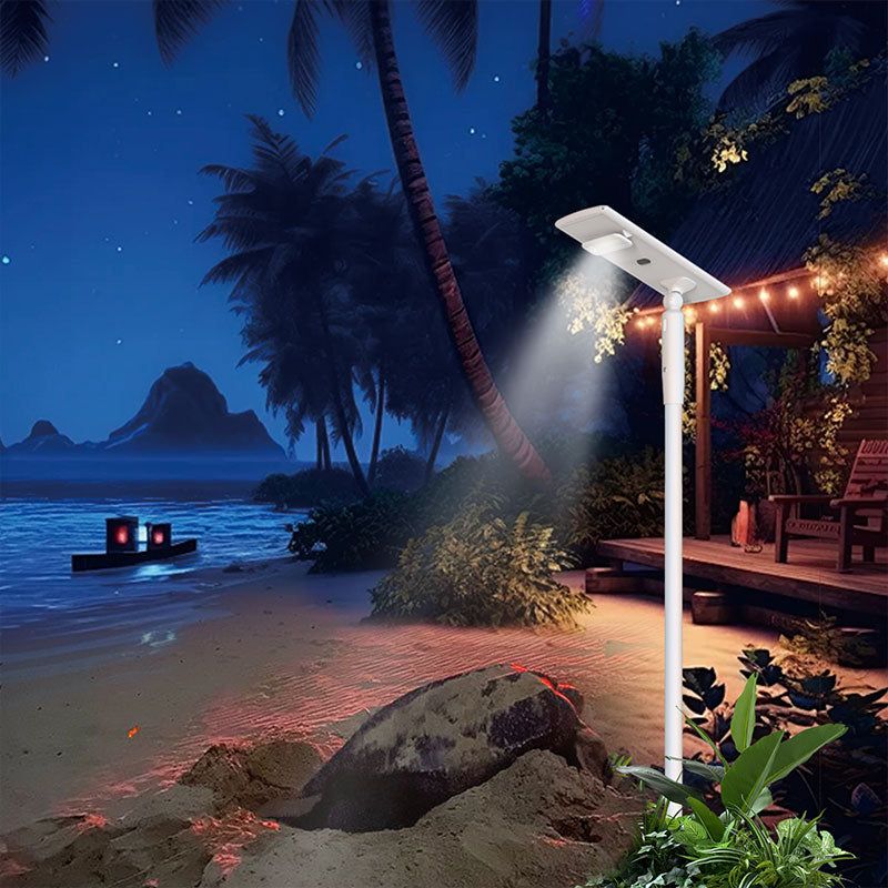 Residential Solar Street Light installed on beachside pole at night with tropical palm trees and gazebo background