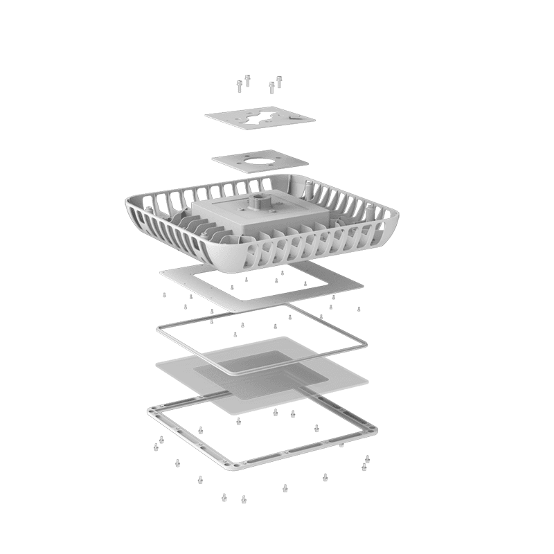 AEH6 LED Gas Station Canopy Light Rear Isometric View with Top Pendant Driver Box on White Background Showing Square Aluminum Louvered Heat Sink Housing Center Five-Point Mounting Hub Suspension Rod and Top Square Waterproof Driver Enclosure with Dual Side Cable Ports for Suspended Canopy Lighting
