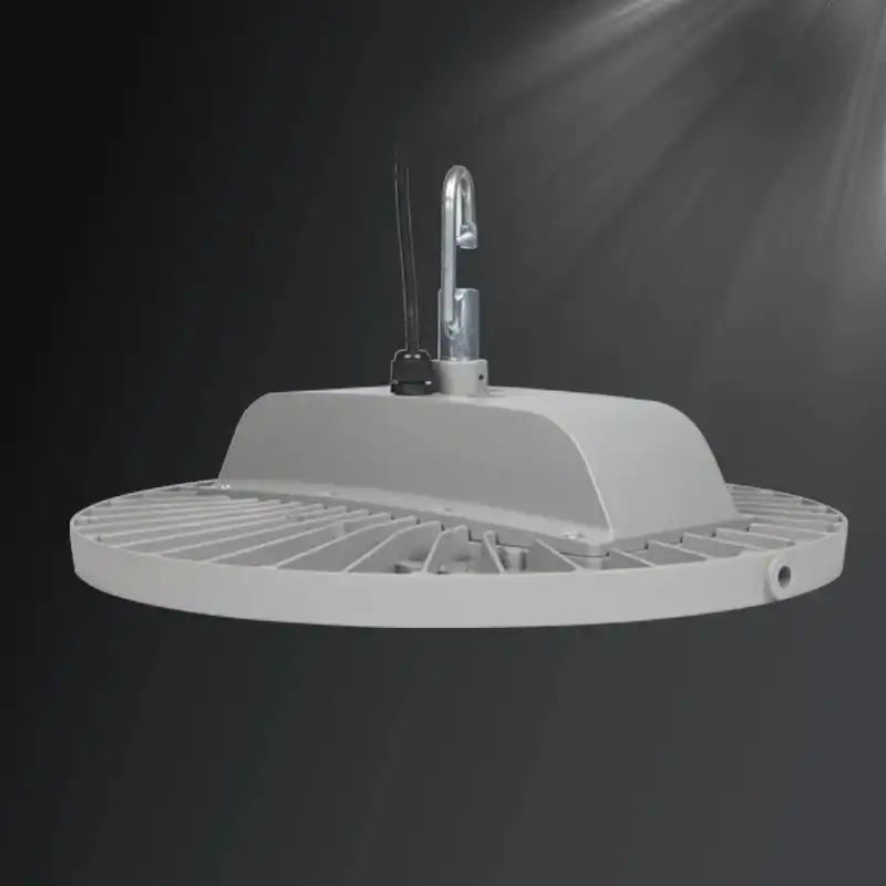 Side view of LED high bay light with mounting hook and heat sink, designed for high ceiling warehouse lighting, SKU: FLP1