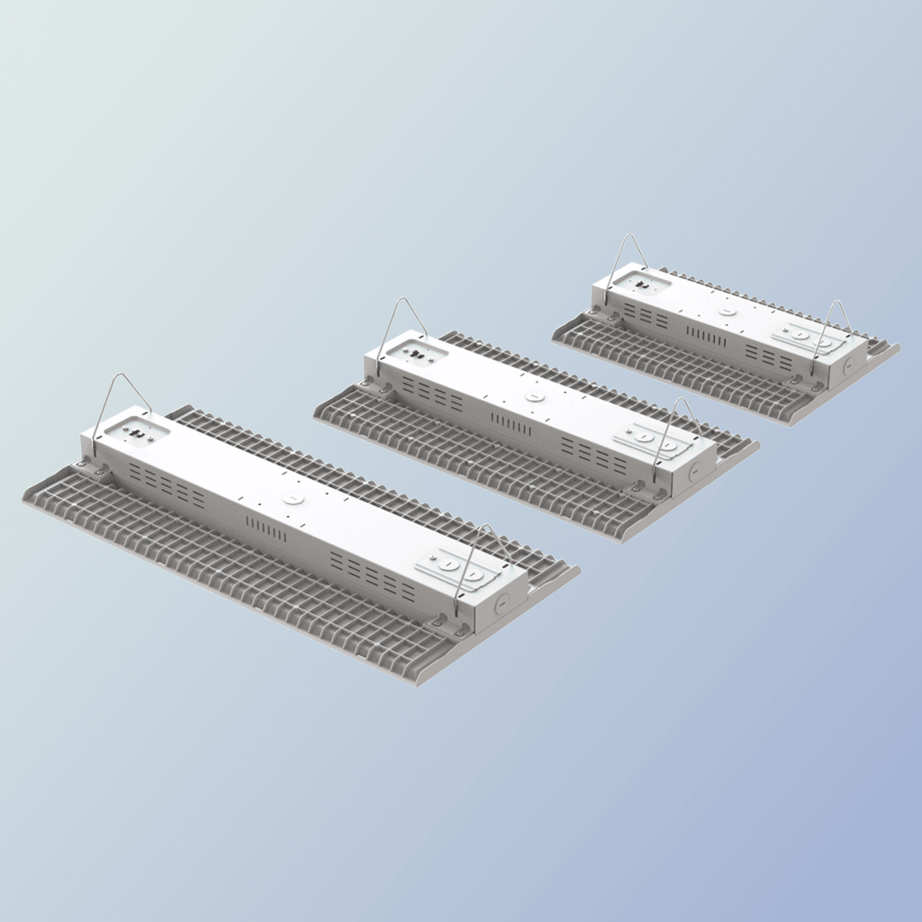 AEH1 LED Linear High Bay Light Three-Size Comparison Rear Isometric View Showing Grid Aluminum Heat Sink Smart Control Interface and Wire Rope Suspension for 100W 200W and 300W High Bay Configurations  