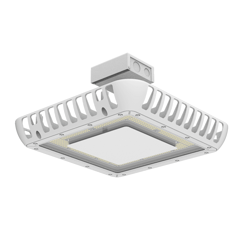 AEH6 LED Gas Station Canopy Light Front Isometric View on White Background Showing Square White Aluminum Frame with Perimeter Louvered Heat Sink Fins Frosted PC Diffuser Light Panel and Center Top Suspension Mount for Canopy Ceiling Pendant Lighting
