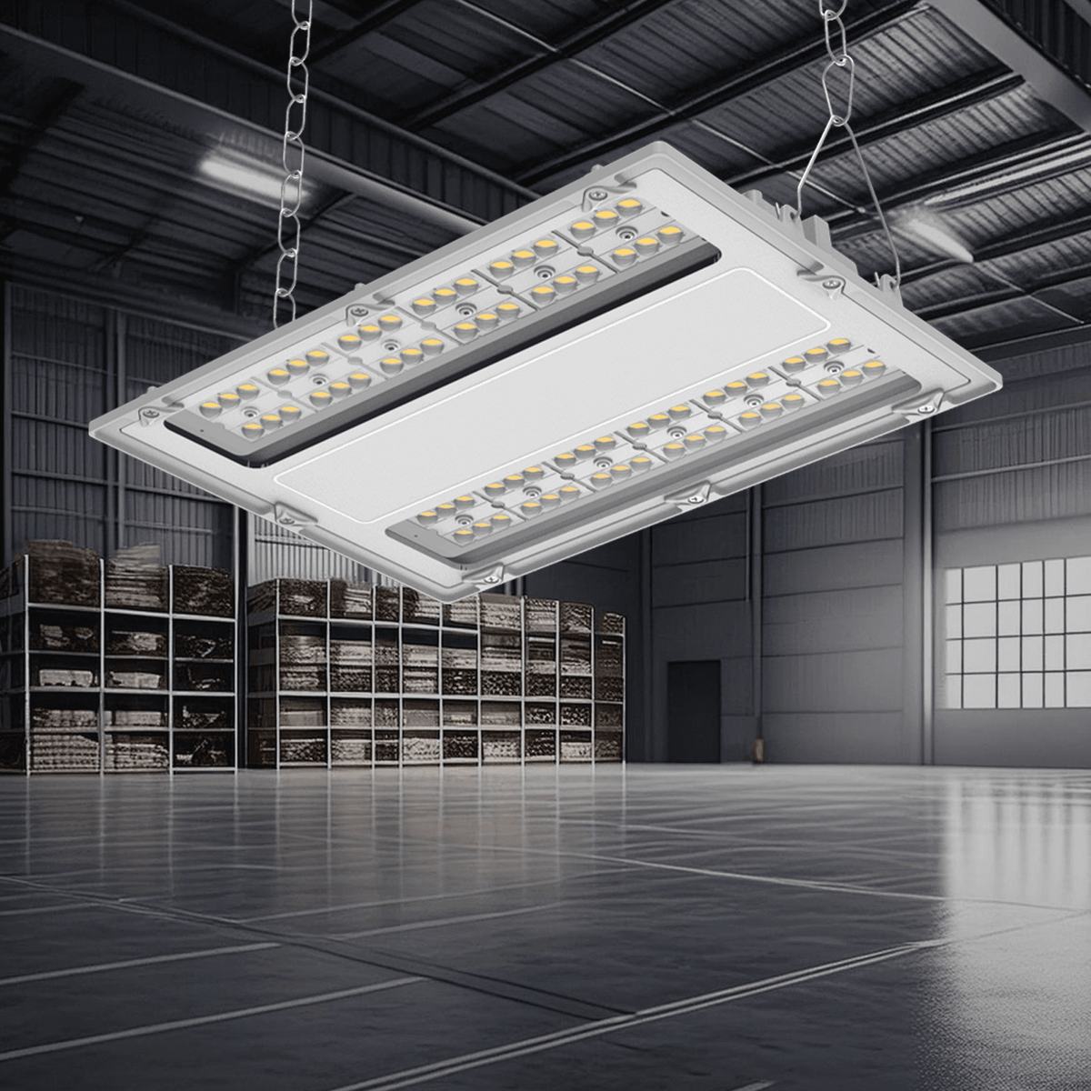 AEH2 LED Linear High Bay Light Bottom View Showing Dual-Row High-Density SMD LED Array Suspended by Chain in Industrial Storage Warehouse for Commercial High Bay Lighting
