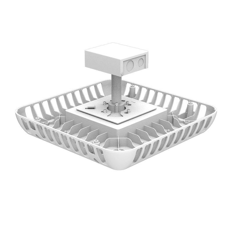 AEH6 LED Gas Station Canopy Light Rear Isometric View on White Background Showing Square Aluminum Louvered Heat Sink Housing Center Five-Point Ceiling Mount Plate and Top Suspension Rod Stub for Canopy Ceiling Pendant Installation
