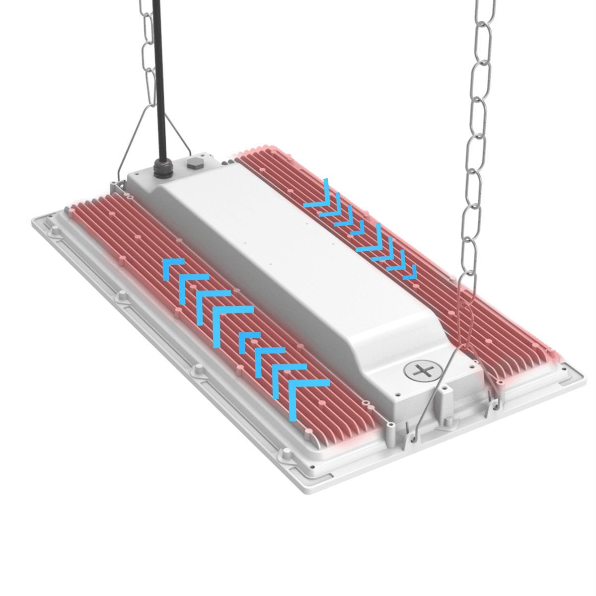 AEH2 LED Linear High Bay Light Rear View on White Background Showing Dual Aluminum Fin Heat Sink Panels with Blue Airflow Arrows and Microwave Sensor Antenna for Thermal Management