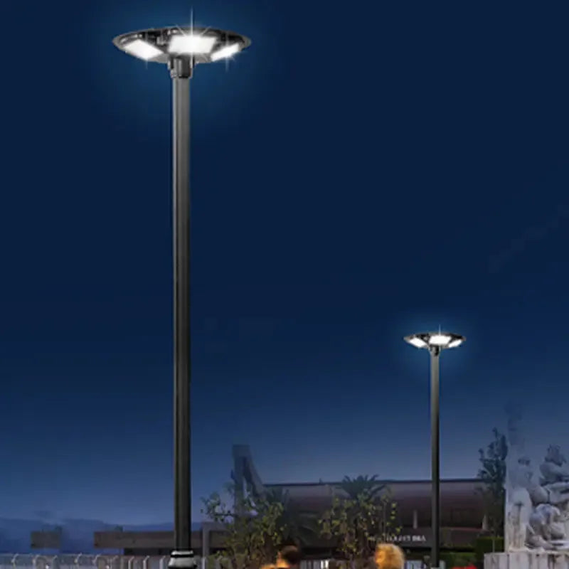 BT1 LED Garden Post Light 30W-40W Night Scene Showing Bright Multi-Module Illumination on Tall Pole for Park and Public Square Lighting


