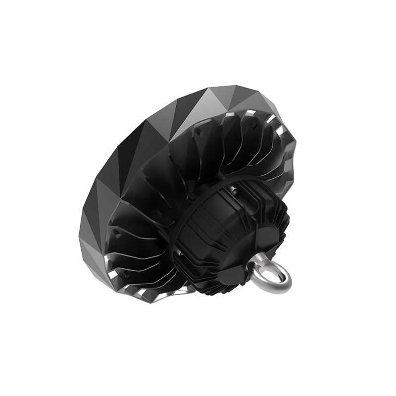 GF3 UFO LED High Bay Light 100W-300W Dimmable Isometric View Showing Diamond-Cut Faceted Aluminum Heat Sink Housing with Steel Hanging Hook for Industrial Ceiling Mounting