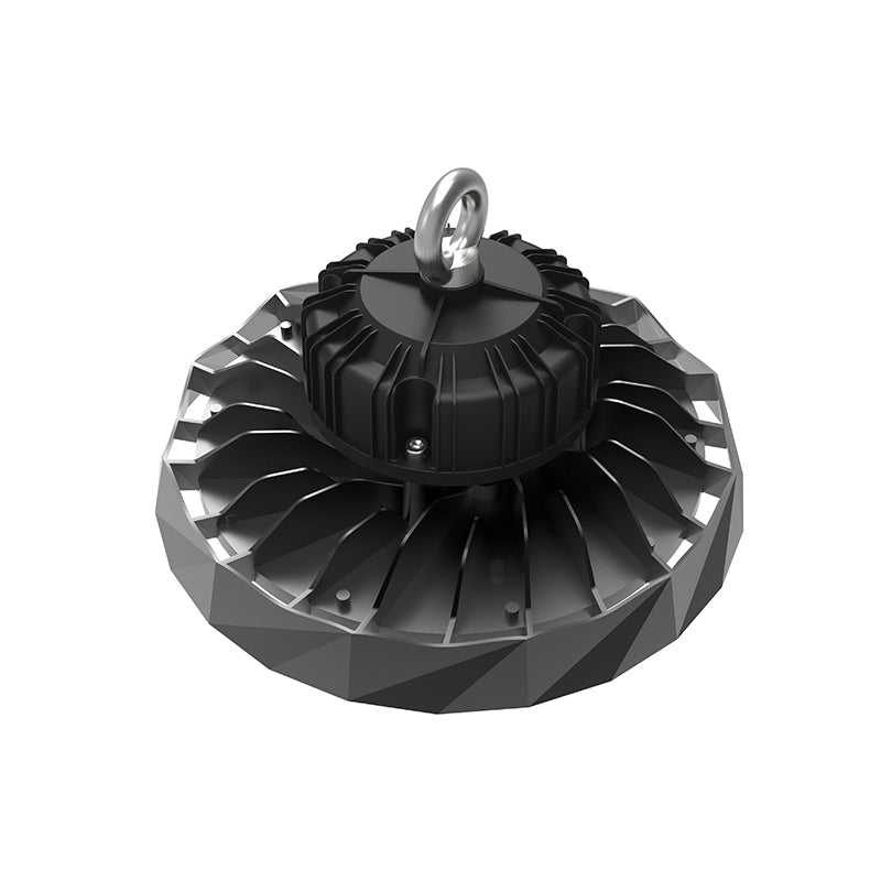 GF3 UFO LED High Bay Light Top View Showing Turbine-Style Radial Aluminum Fin Heat Sink and Steel Eye Hook for Warehouse and Factory Ceiling Suspension