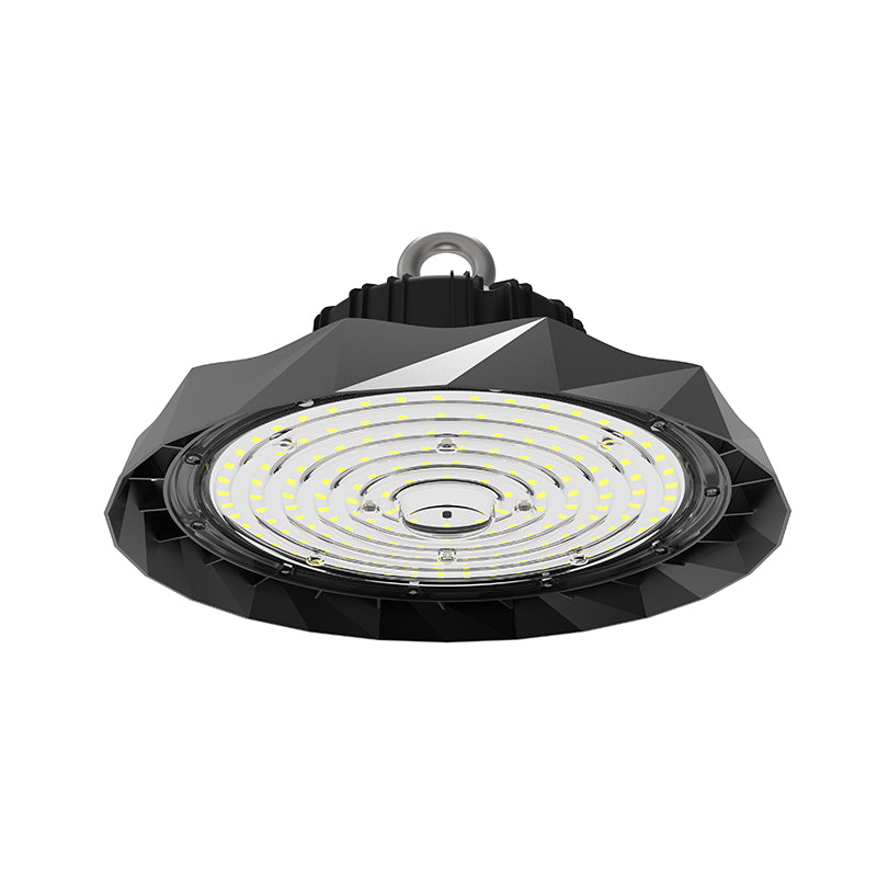 GF3 UFO LED High Bay Light Aluminum Die-Cast Housing Detail White Background Showing Faceted Heat Dissipation Structure and Mounting Hook for High Bay Installation

