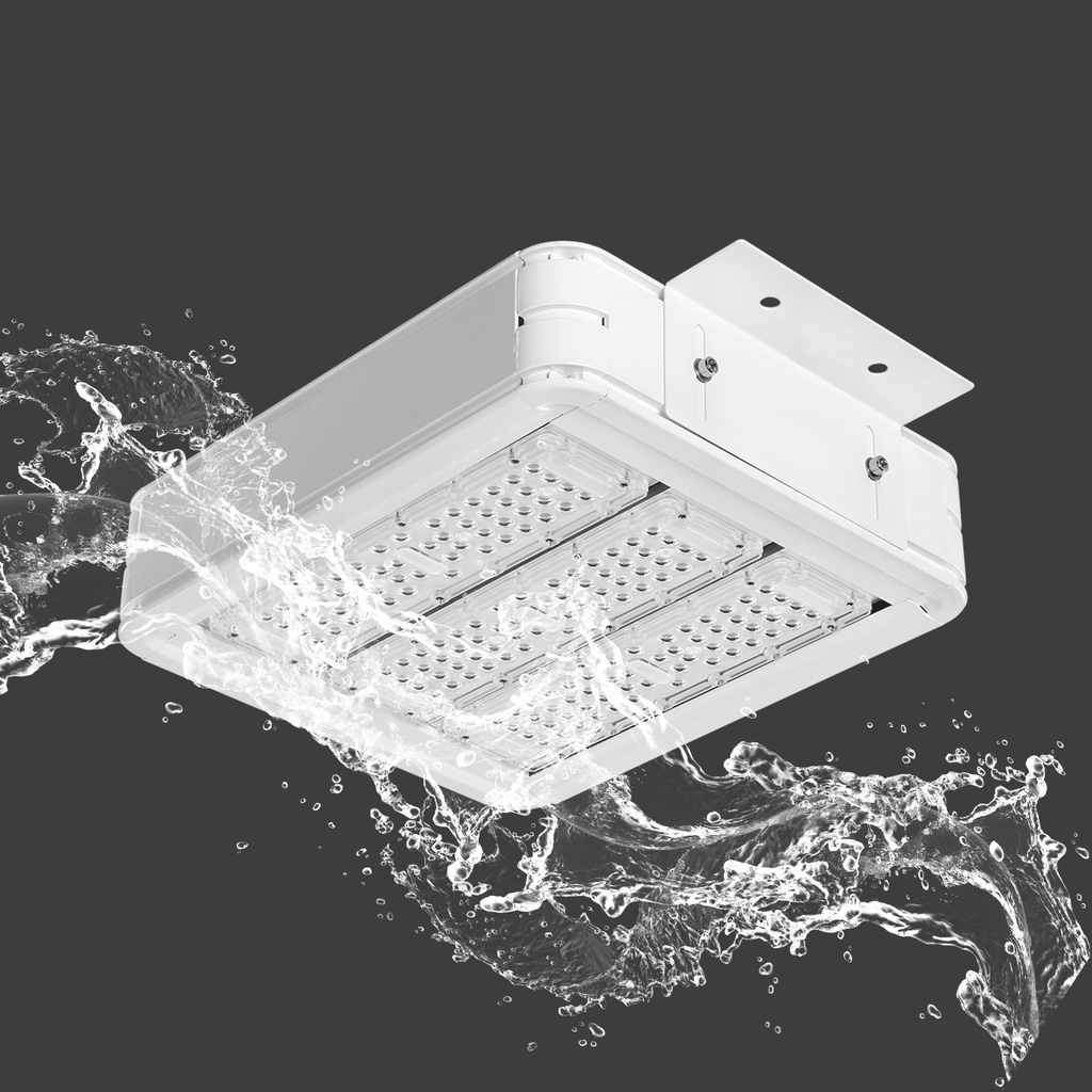 DCR2 LED Gas Station Canopy Light IP65 Waterproof Test Showing Water Splash Resistance with White Aluminum Housing Three-Module LED Panel and Surface Mount Bracket for Outdoor Wet Location Use