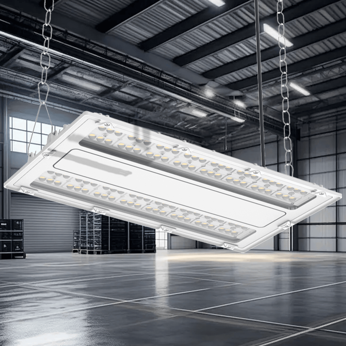 AEH2 LED Linear High Bay Light Angled Bottom View in Industrial Warehouse Showing Two-Row SMD LED Module Array with Clear PC Lens and Chain Suspension for High Bay Ceiling Mounting