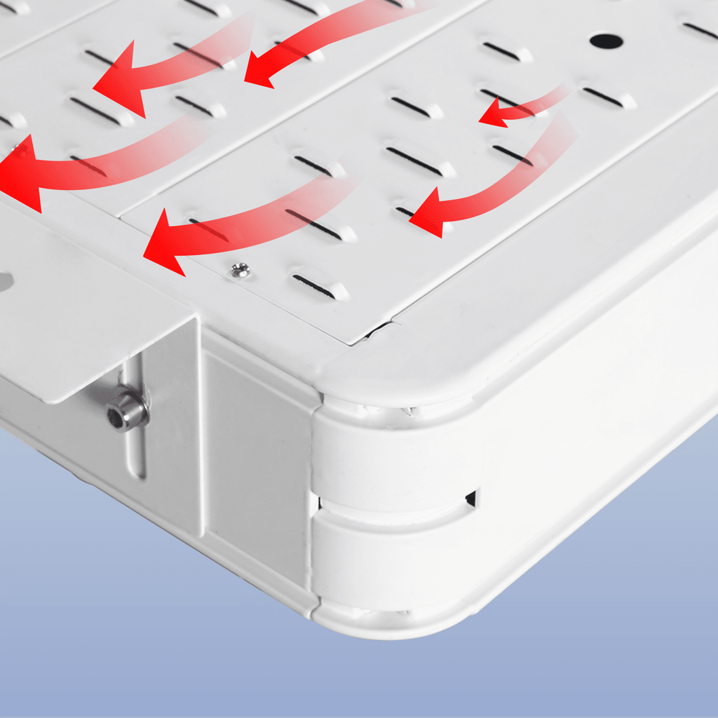DCR2 LED Gas Station Canopy Light Back View Close-Up Showing Louvered Aluminum Heat Dissipation Vents with Red Airflow Circulation Arrows and Corner Mounting Bracket for Thermal Management
