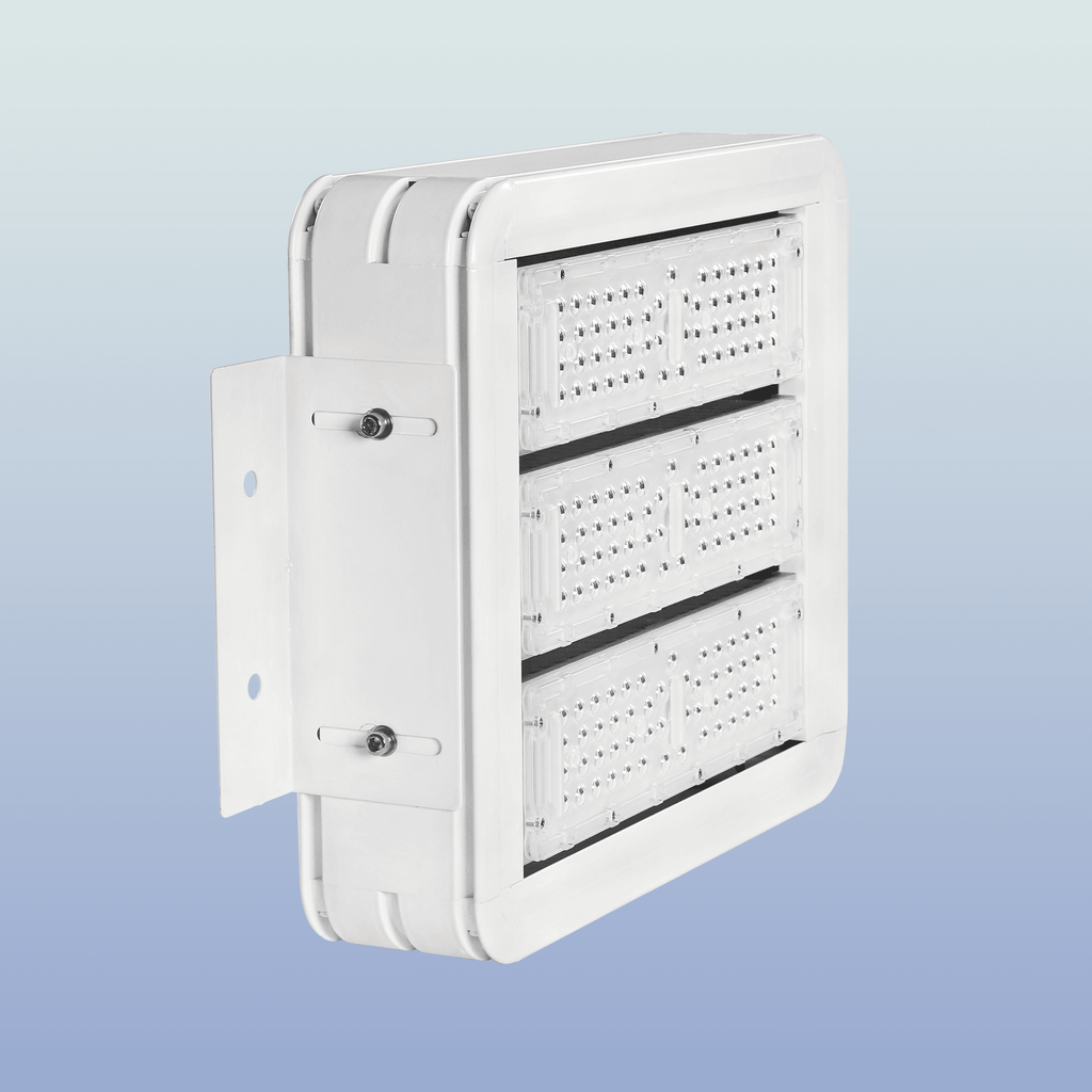DCR2 LED Gas Station Canopy Light Side-Front View Showing Three-Row SMD LED Module Array with White Aluminum Housing and Side-Mount Bracket with Dual Adjustment Screws for Canopy Ceiling Flush Mounting
