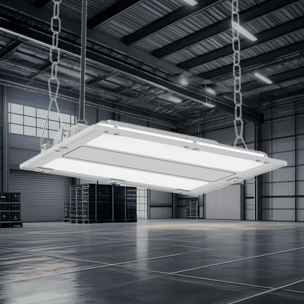AEH2 LED Linear High Bay Light 100W-300W Front View Suspended by Four-Point Chain in Industrial Warehouse Showing Illuminated Dual-Panel PC Diffuser for Warehouse and Factory Lighting
