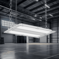 AEH2 LED Linear High Bay Light 100W-300W Front View Suspended by Four-Point Chain in Industrial Warehouse Showing Illuminated Dual-Panel PC Diffuser for Warehouse and Factory Lighting
