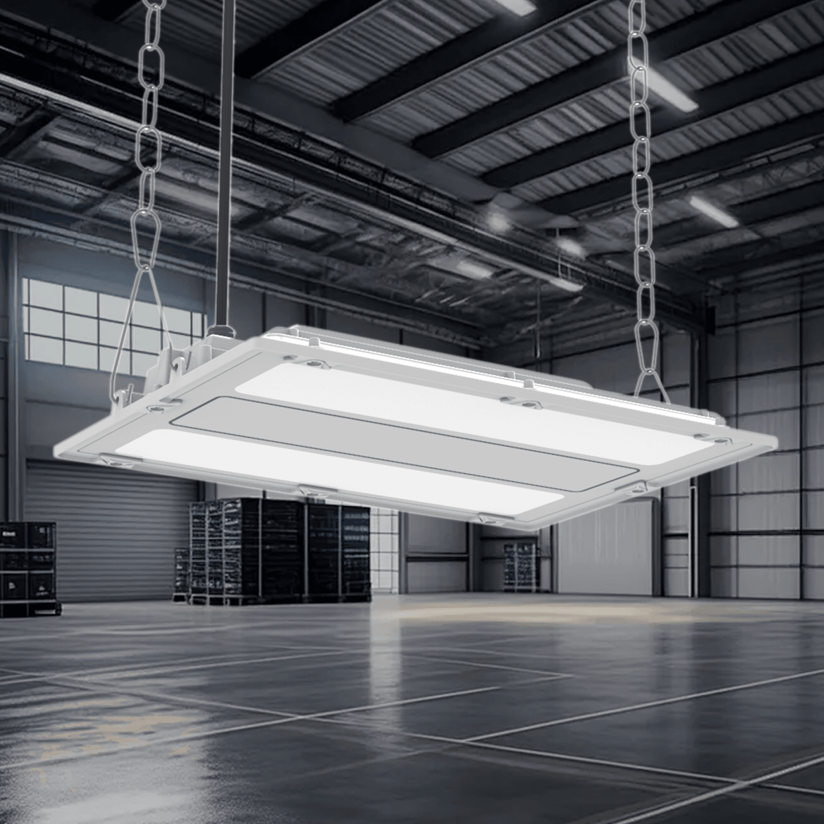 AEH2 LED Linear High Bay Light 100W-300W Front View Suspended by Four-Point Chain in Industrial Warehouse Showing Illuminated Dual-Panel PC Diffuser for Warehouse and Factory Lighting
