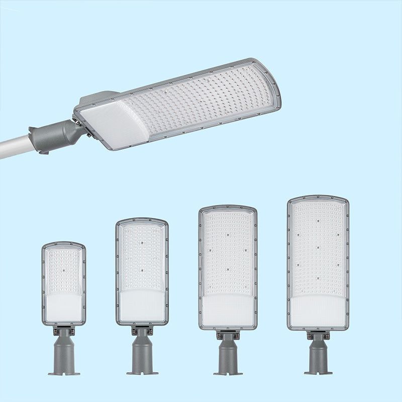CL5 LED Street Light with adjustable pole mount bracket and 50W-200W size comparison blue background