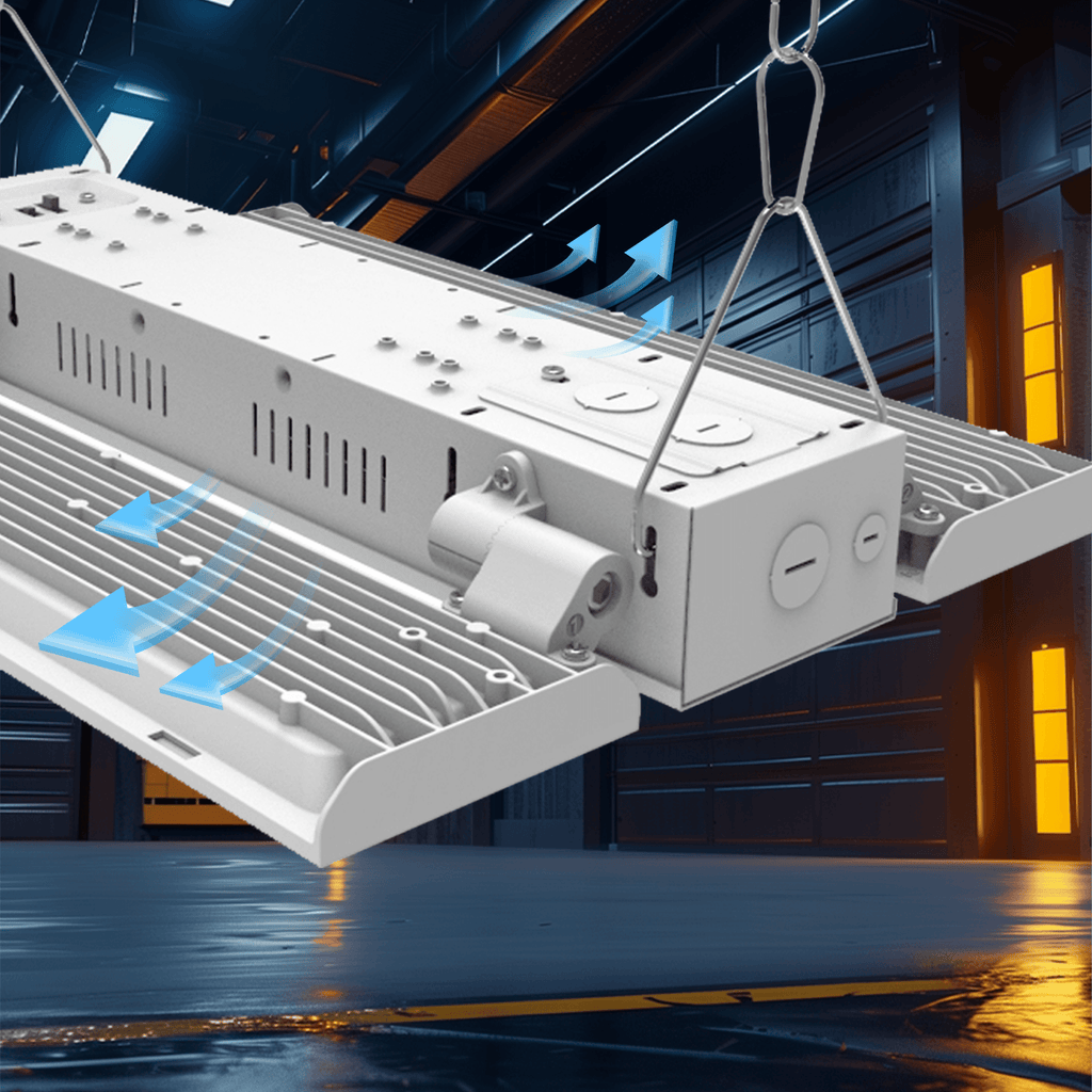 AEH3 LED Linear High Bay Light Rear View Showing Ribbed Aluminum Heat Sink with Blue Airflow Arrows and Steel Wire Rope Suspension for Industrial Ceiling Mounting
