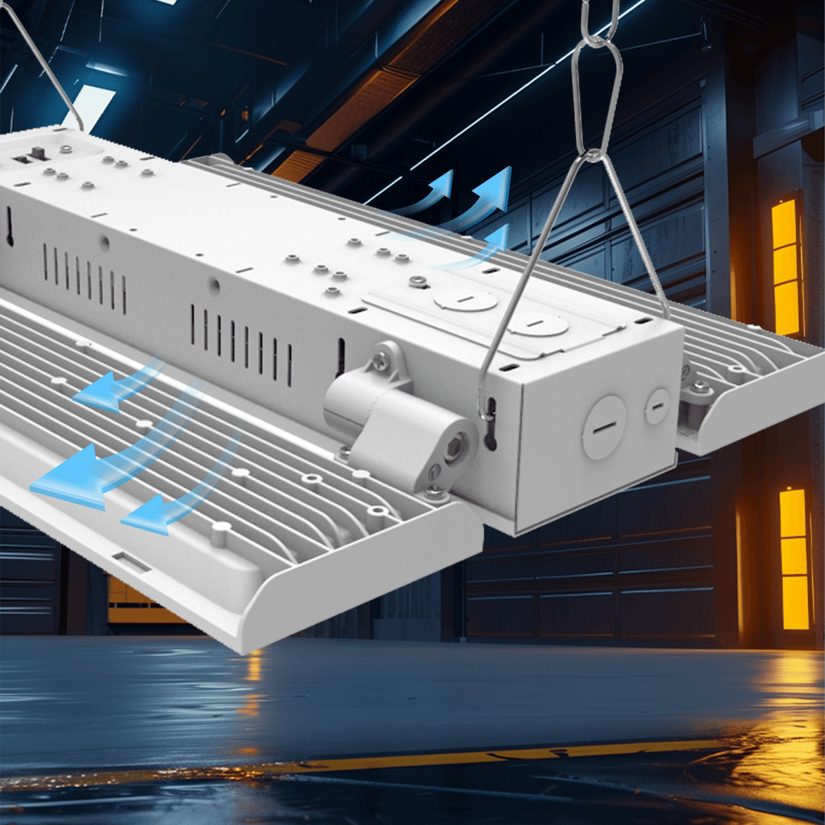 AEH3 LED Linear High Bay Light Rear View Showing Ribbed Aluminum Heat Sink with Blue Airflow Arrows and Steel Wire Rope Suspension for Industrial Ceiling Mounting
