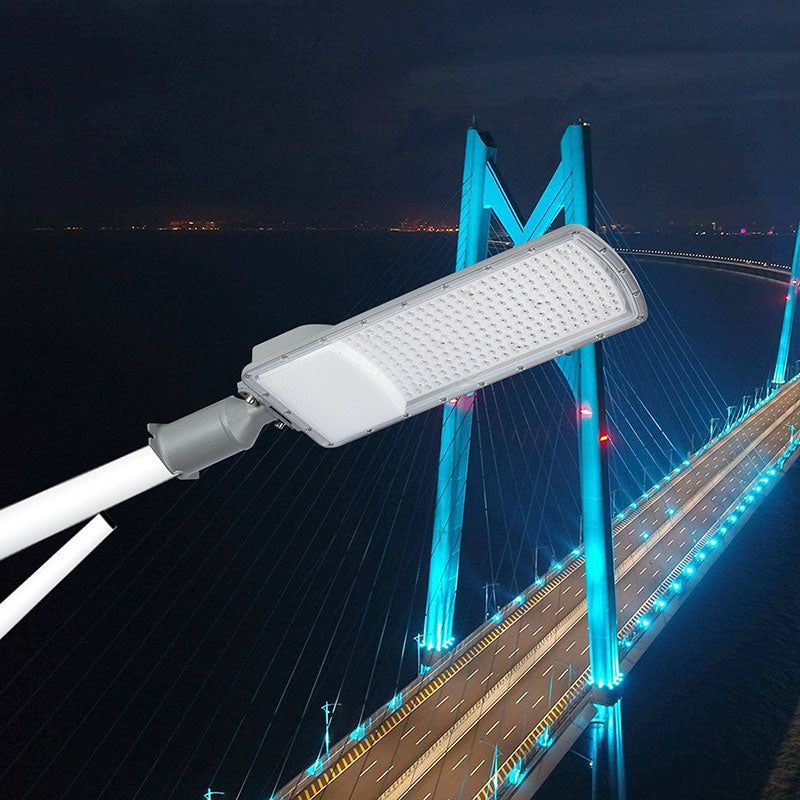 CL5 LED Street Light 200W on pole at night with cable-stayed bridge background smart control