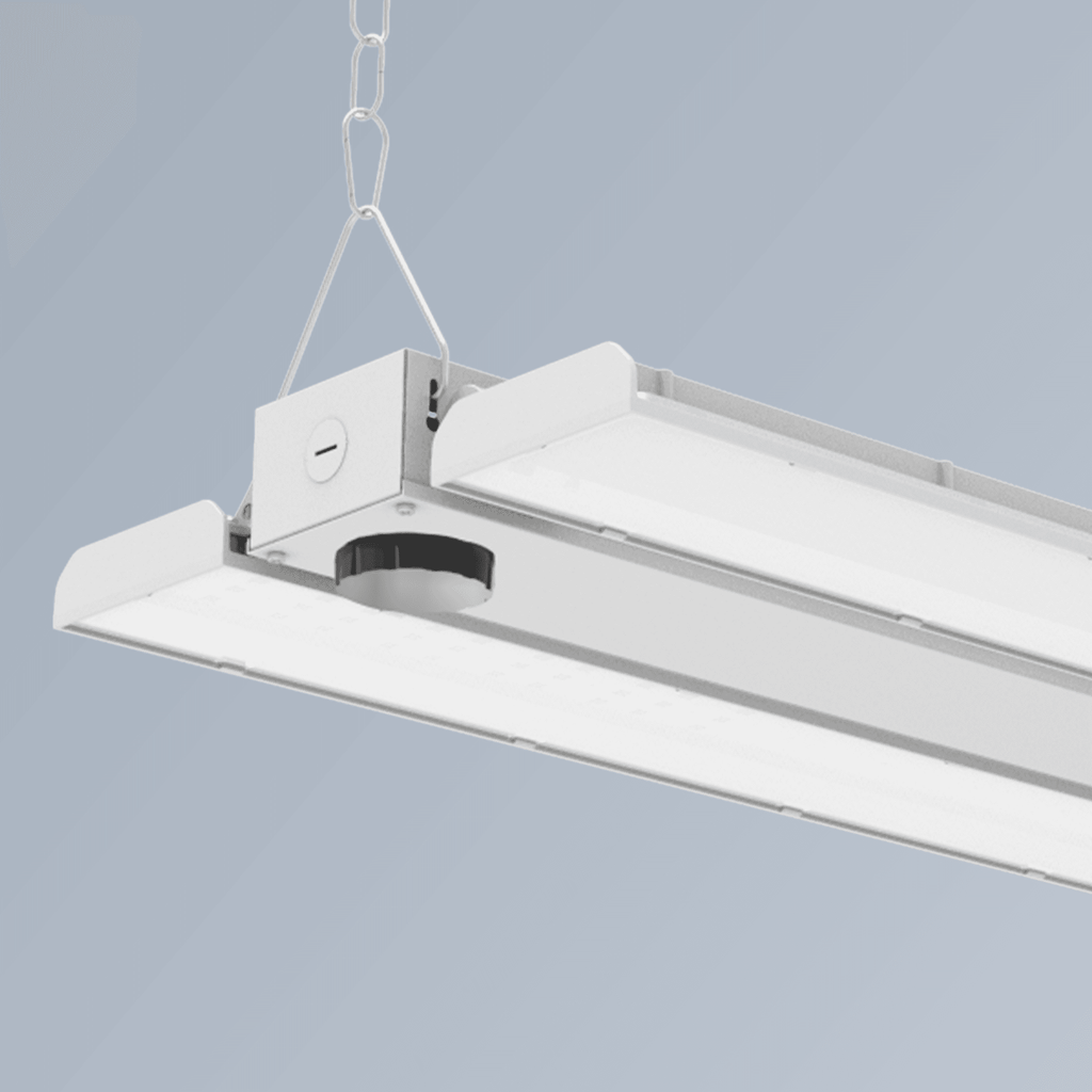 AEH3 LED Linear High Bay Light Side Close-Up Showing Built-In Microwave Motion Sensor and Chain Suspension Mount with Flat PC Diffuser Panel
