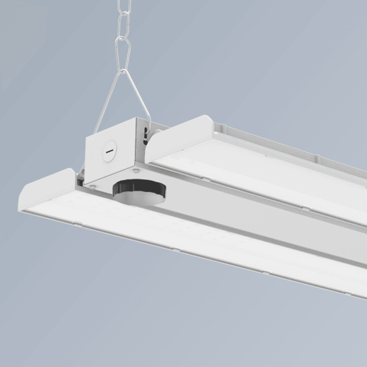 AEH3 LED Linear High Bay Light Side Close-Up Showing Built-In Microwave Motion Sensor and Chain Suspension Mount with Flat PC Diffuser Panel
