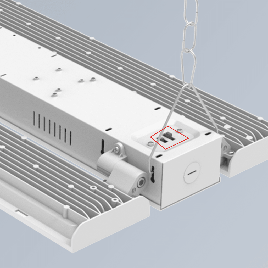 AEH3 LED Linear High Bay Light Back Structural Detail Showing Highlighted Quick-Connect Terminal Block and Ribbed Aluminum Heat Sink with Chain Suspension
