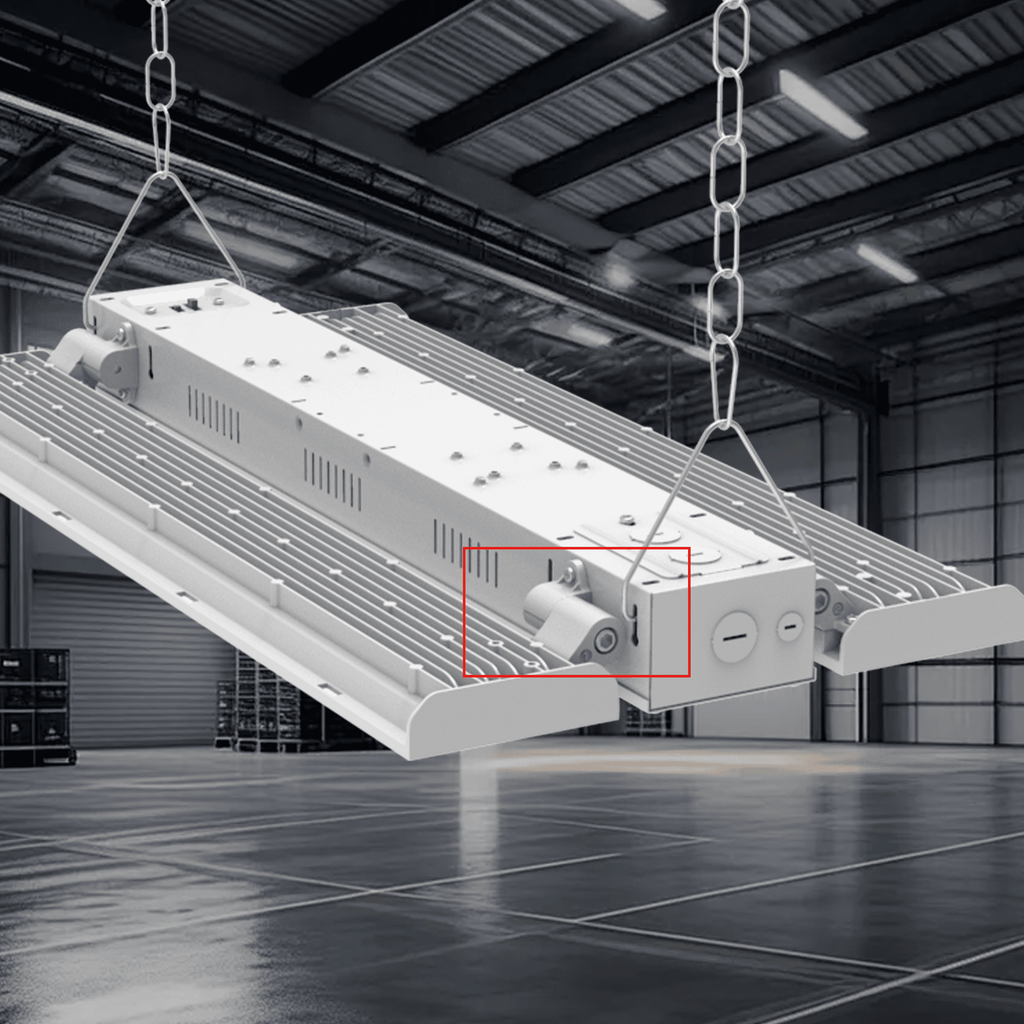 AEH3 LED Linear High Bay Light 100W-300W Installed in Industrial Warehouse Suspended by Four-Point Chain Showing Microwave Sensor Location Highlighted in Red