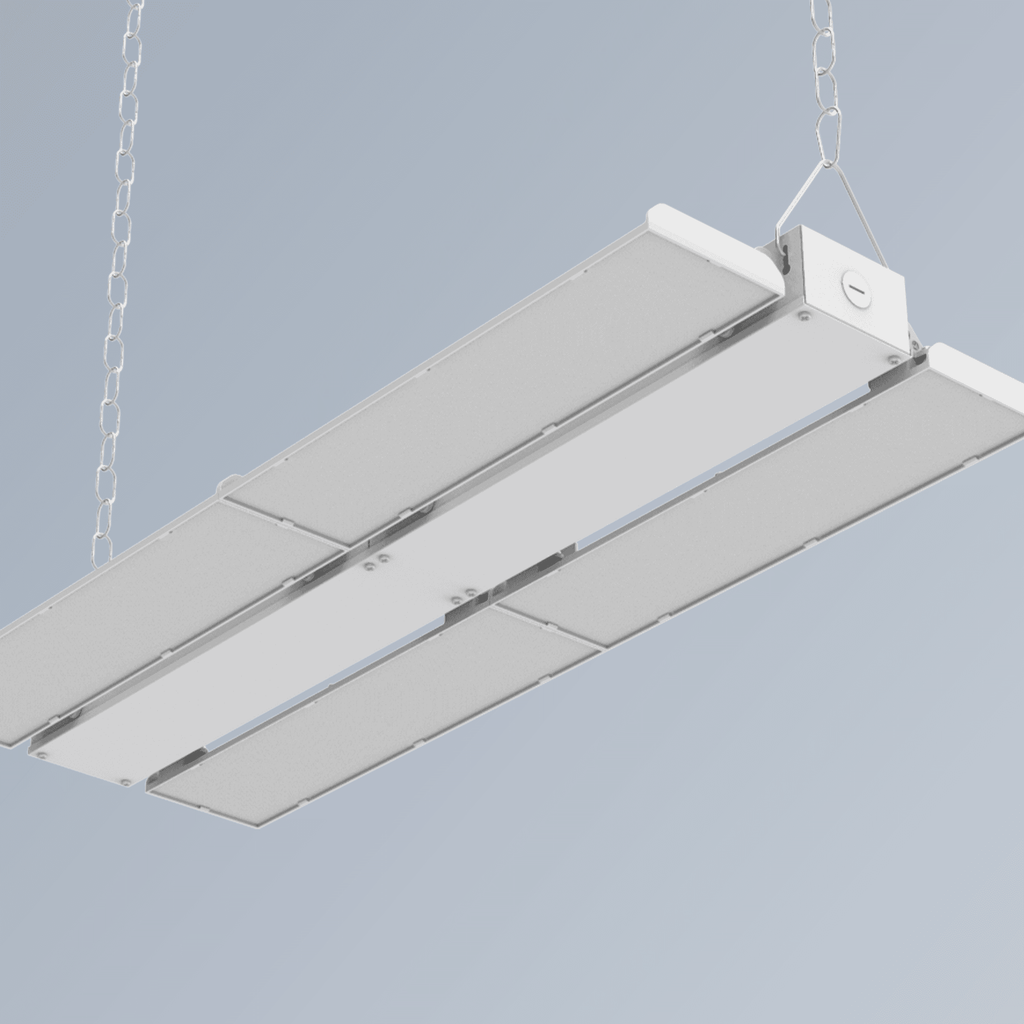 AEH3 LED Linear High Bay Light Bottom View Showing Dual-Row Segmented LED Panel with PC Diffuser and Chain Suspension Hardware for Warehouse and Factory Lighting