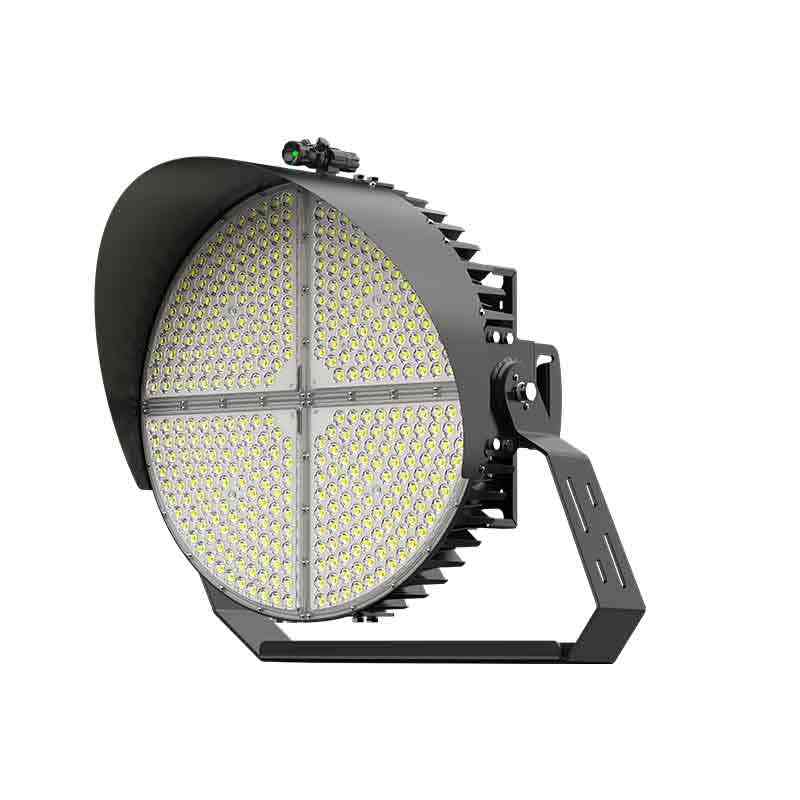 1000W high-performance sports venue floodlight; an optional anti-glare shield is available to reduce light spill and enhance the fixture's sleek appearance.