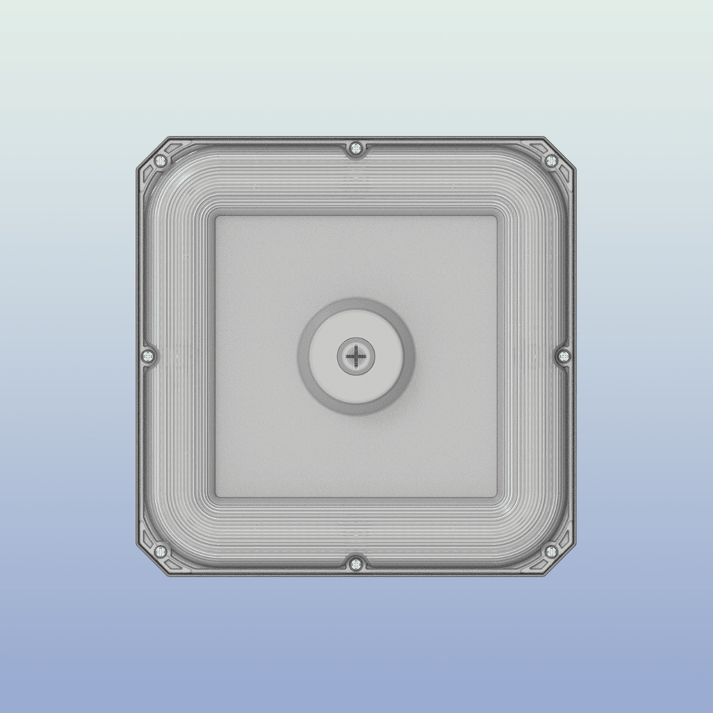 AEH5 LED Gas Station Canopy Light Top View Rendering Showing Square Aluminum Housing with Concentric Ribbed Heat Dissipation Structure and Central Screw Mount for Ceiling Flush Installation