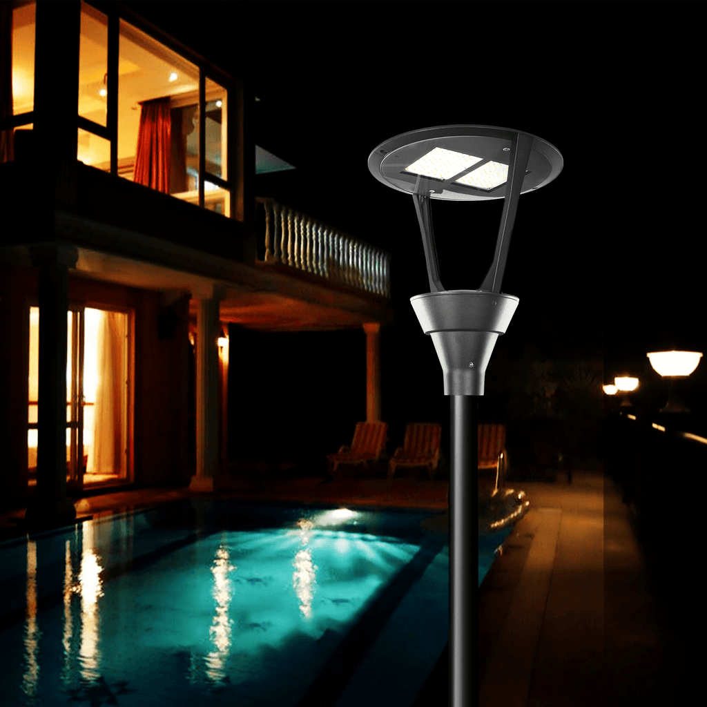 AEH3 Modern Black LED Garden Post Light 50W-100W Dusk-to-Dawn with Cone Frame Open Design and Dual SMD LED Module for Outdoor Area Lighting
