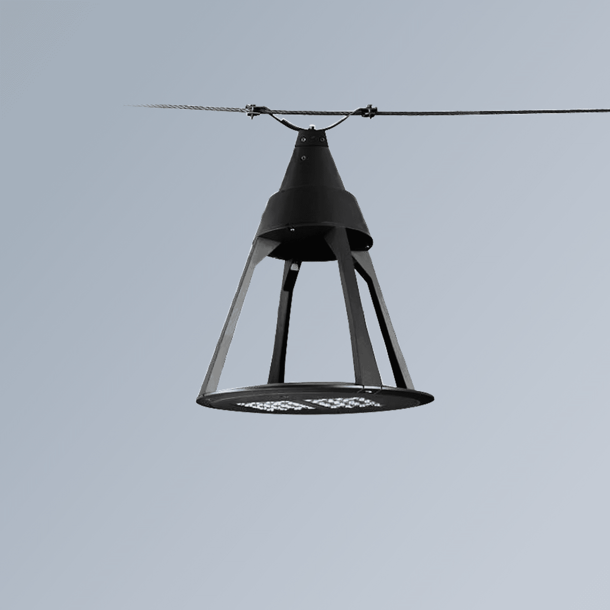 AEH3 LED Garden Light Cone Frame Black Aluminum Housing Suspended from Steel Catenary Cable Showing SMD LED Array Bottom View for Street Catenary Mounting